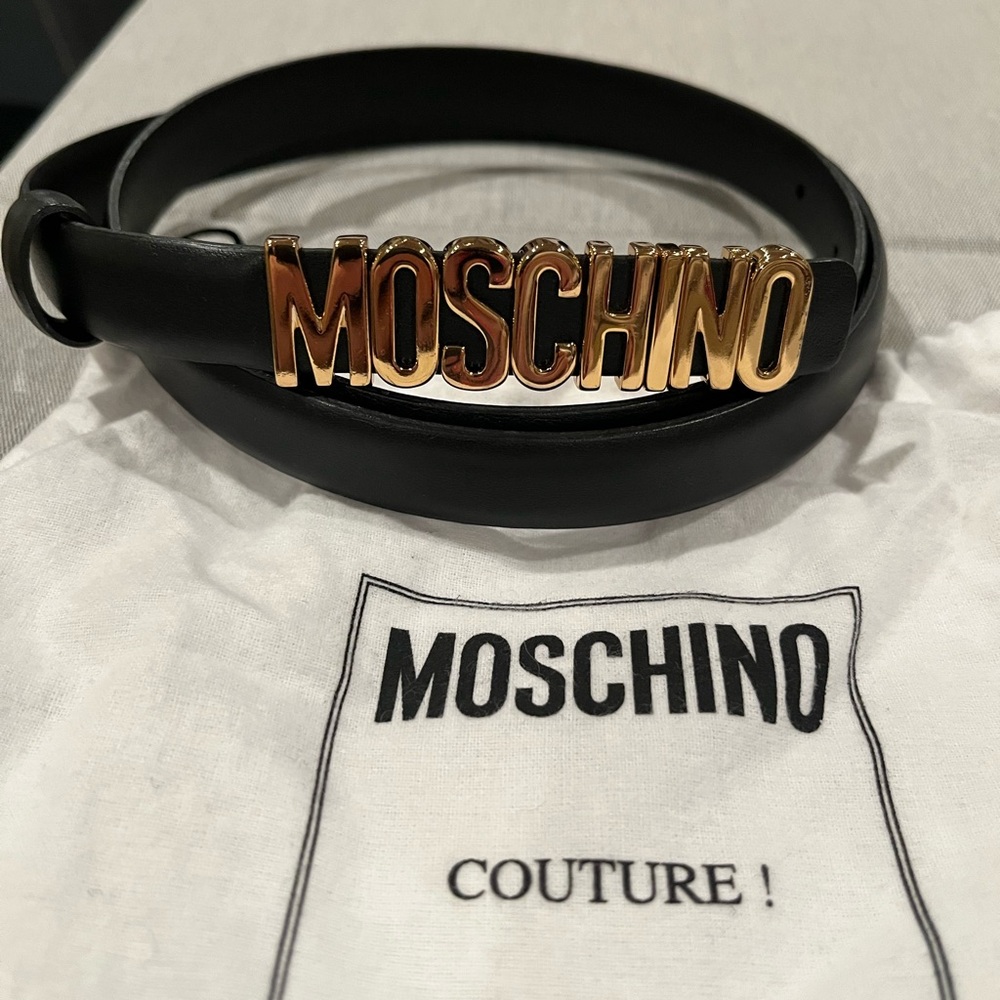 Moschino Black Belt with Gold Lettering, authentic